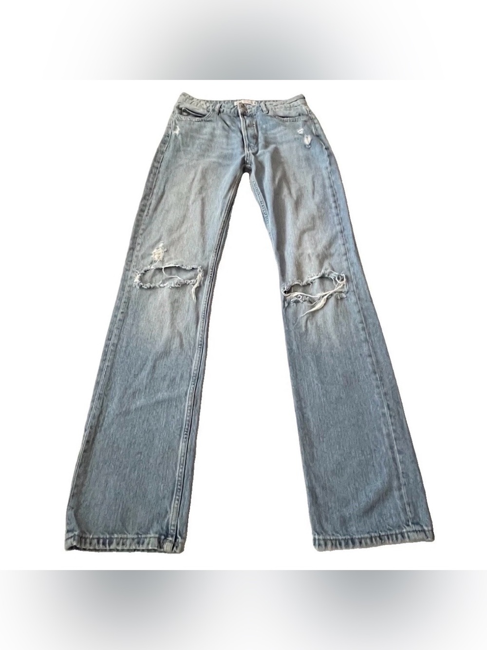 Zara Denim High Rise Straight Destroyed Blue Button Fly Jeans Women’s Size 6/28